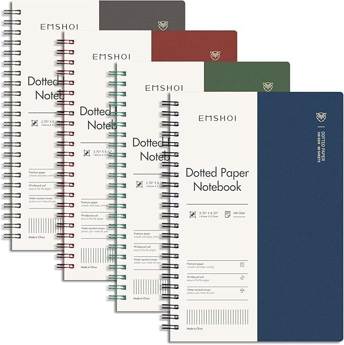 EMSHOI Dotted Journal Spiral Notebook 5.7" x 8.22" - 4 Pack 640 Pages 100gsm Thick Paper, A5 Dot Grid Notebook, Plastic Hardcover Dotted Notebook for Journaling Writing
