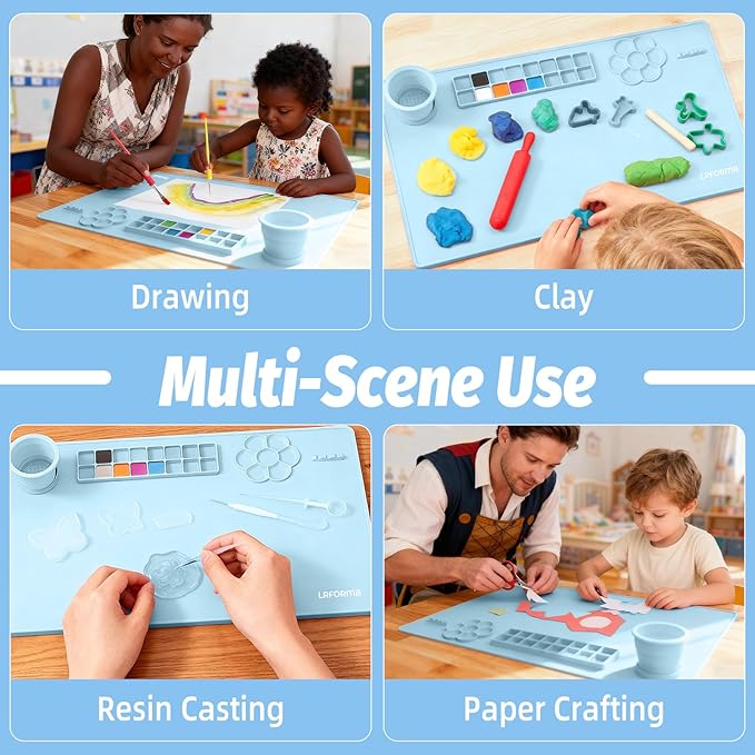 Silicone Painting Mat, 23.6 x 15.8in Art Mat with 3 Brushes, Painting Station Mats with Cup and Palette, Craft Mats to Protect Table for Kid, Clay Sheet for Watercolor, Resin DIY (Blue)