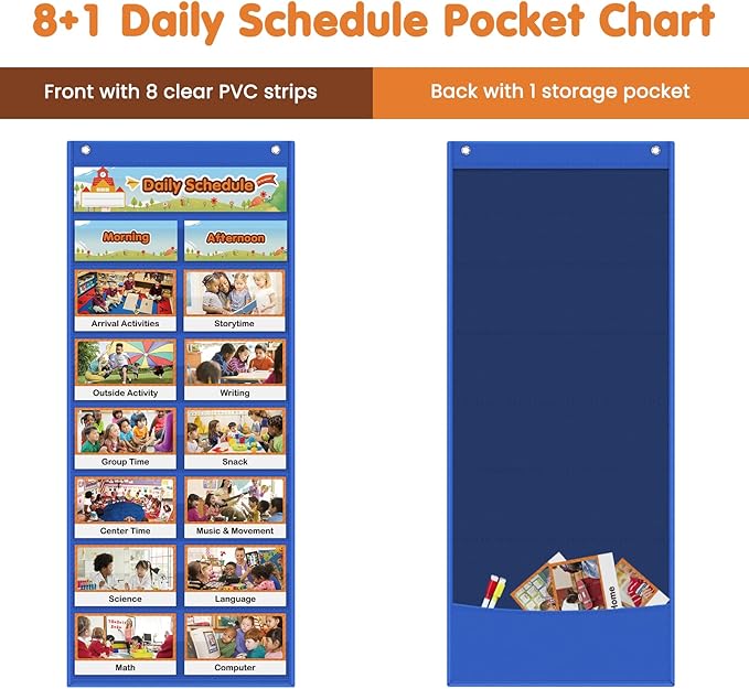 Auchq Daily Schedule Pocket Chart, Visual Schedule for Kids with 23 Activity Cards, 8+1 Pockets, 4 Blank Dry-Erase Cards Included, Great for Classroom Preschool-1 st Gr.(17’’ x 38.5’’ in)