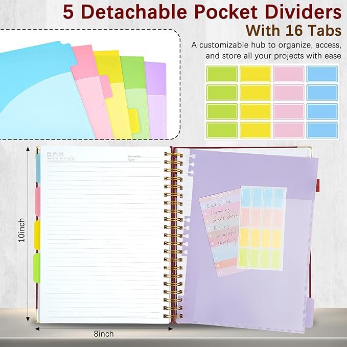 Hardcover Spiral Notebooks for Work 8''x 10'', 300 Pages 5 Subject Notebook with Dividers & Tabs, B5 Spiral Journal for Women, College Ruled Notebooks for School Note-Taking (Wine Red)