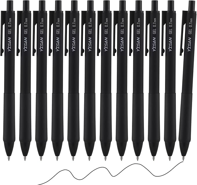 YISAN Black Gel Pens 12 Pack,Black Ink Pens Fine Tip 0.7 mm,Journal Pens Fast Dry,Retractable,Smooth Writing for Journaling and Note Taking,71099