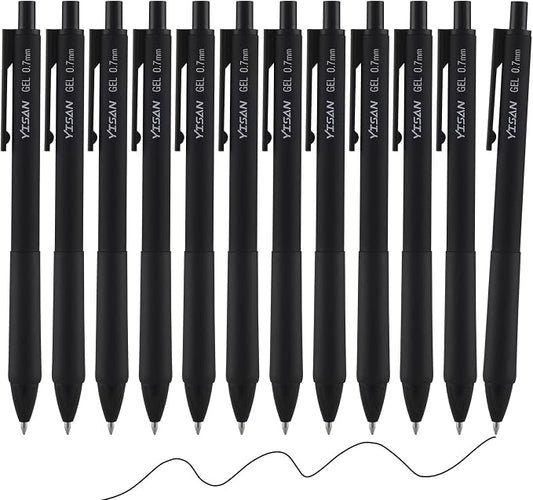 YISAN Black Gel Pens 12 Pack,Black Ink Pens Fine Tip 0.7 mm,Journal Pens Fast Dry,Retractable,Smooth Writing for Journaling and Note Taking,71099