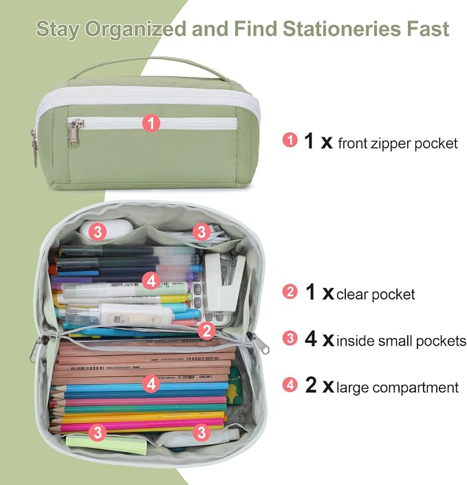 Large Pencil Pouch - 8 Compartments, Wide Handle Organizer Bag | Wide Open Pen Bag, Flexible Dividers & Side Pockets, Handle, 900D Fabric, College Supplies for Teens, Green