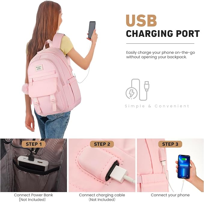 WINDARS School Backpack for Teen Girls, Cute College Backpacks for Women Students Aesthetic Bookbag Large 15.6 Inch Laptop Bag Middle School Travel Back Pack (Pink)