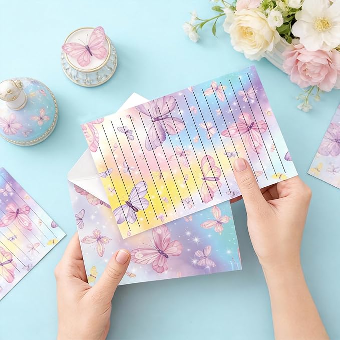 160 Pcs Stationery Paper Envelopes Set Includes 50 Lined Writing Paper & 50 Envelopes with 60 Round Dot Stickers, Cute Vintage Butterfly Letter Writing Stationery Paper Envelopes Gift(10Style)