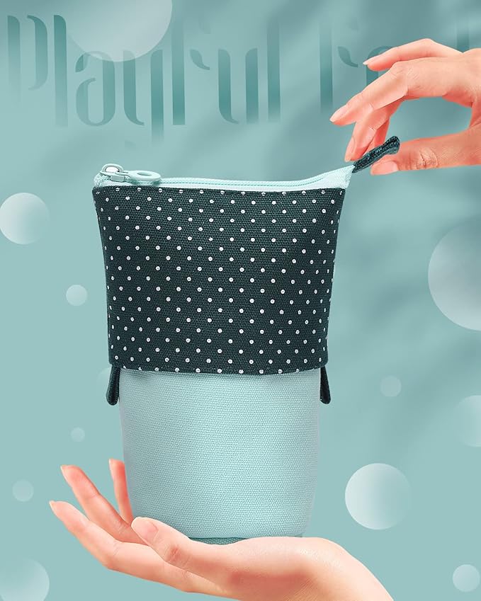 Sooez Standing Pencil Case, Cute Stand up Pencil Pouch, Telescopic Pen Pouch, Portable Pencil Holder, Kawaii Stand up Pencil Case, Spacious Pencil Pouch Bag for School Office Supplies, Green