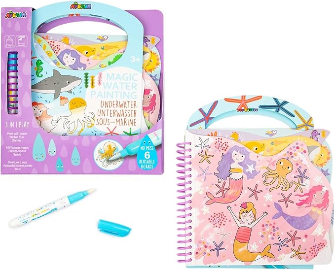Avenir Reusable Water Coloring Book for Toddlers 3-5 – Mess-Free Paint-with-Water Travel Toy Airplane Activities Road Trip Quiet Book, Water-Reveal Activity Pad, 3-in-1 Creative Set