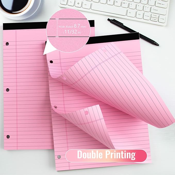 HAUTOCO 12 Pack 8.5 x 11 Legal Pads Pink Wide Ruled Notepads Perforated Writing Pads, 30 Sheets Per Notepad, 3-Hole Punched Paper, Writing Note Pads for School, Home, Office, Business
