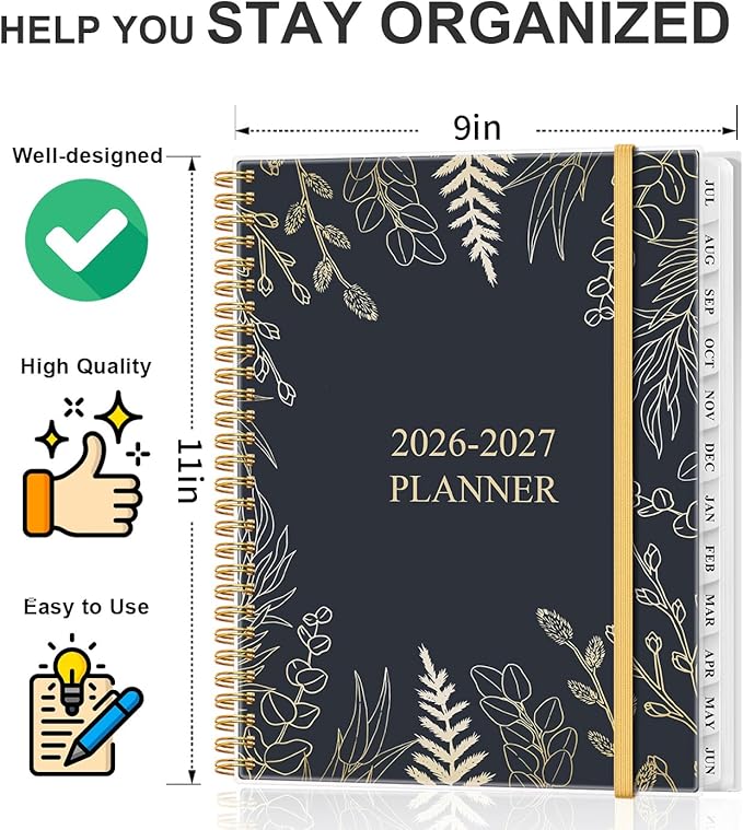 Academic Planner 2026-2027 - Weekly & Monthly Planner from July 2026 to June 2027, Agenda 2026 2027 with Inner Pocket, Elastic Band, 8.5" x 11", White Gold Leaf