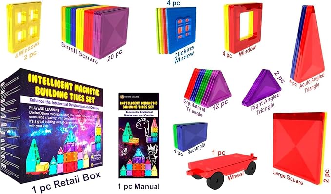 Magnetic Tiles Building Blocks Toy - STEM Educational Magnet Set for Kids, Creativity Preschool Learning Sensory Montessori Toddler Toys for Boys & Girls 3+ Years Old - 57PC