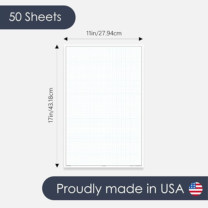 GeekNavy 11" x 17" Quadrille Graph Paper 50 Sheets Portrait - 0.25" 4x4 Square Grid, Blueprint, High Brightness, Border-Outlined, Large Drafting (1-Pack)