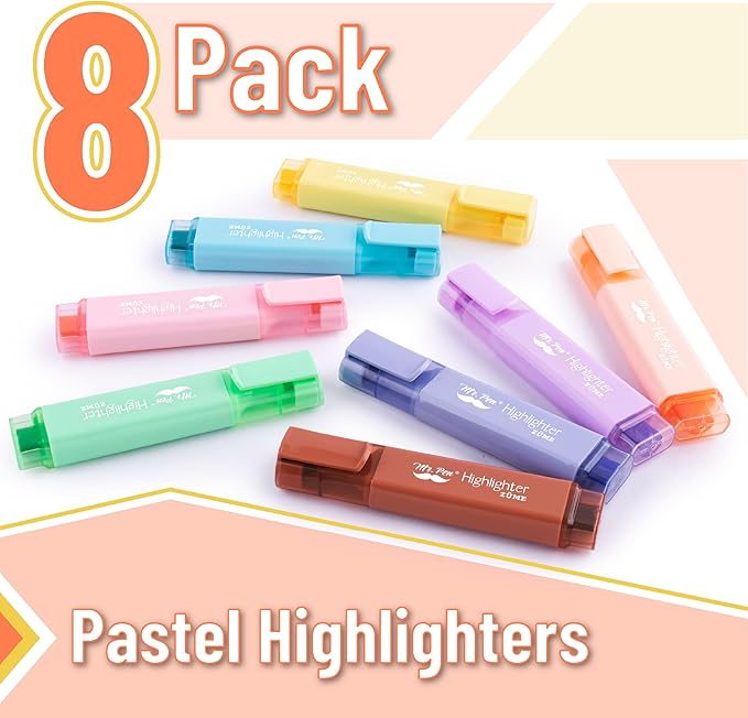 Mr. Pen- Pastel Highlighters, 8 Pack, Highlighters with Firm Chisel Tip, Quick Dry & Non-Toxic, No Bleed on Standard Paper, Ideal for Highlighting, Underlining, Journaling & Coloring