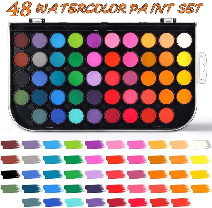 Watercolor Paint Set, 48 Colors Non-Toxic Watercolor Paint with a Brush, Refillable Water Brush Pen and Palette, Washable Water Color Paints Sets for Kids, Adults, and Artists