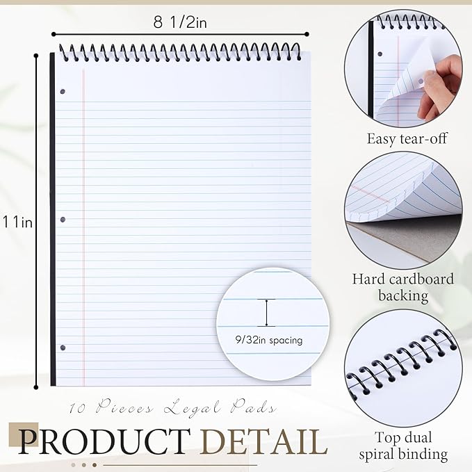 MotiMind 10 Pack 8.5" x 11" Top Spiral Notebook with 3 Hole Punched Legal Pads College Ruled Notepad 50 Sheets Hard Cardboard Paper Wirebound Notepad for Office School Business (White)