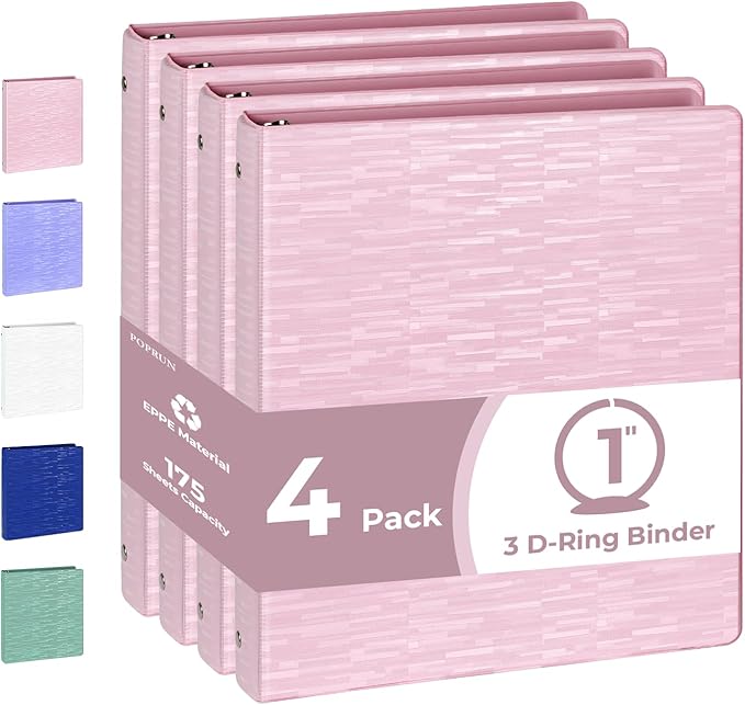 POPRUN 3 Ring Binder 1 Inch, PVC-Free, Holds 175 Sheets of 8.5 x 11 Paper, Extra Durable Organizer with 2 Pockets for School & Office, Heavy-Duty, 4 Pack, Pink