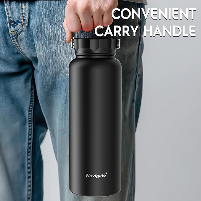Navigate 40oz Insulated Water Bottle for Sports, Keep Cold 24H | 2-in-1 Spout and Handle Lids, Double Leak-Proof, 18/8 Stainless Steel, BPA-Free, Wide Mouth for Gym and Hiking,Black