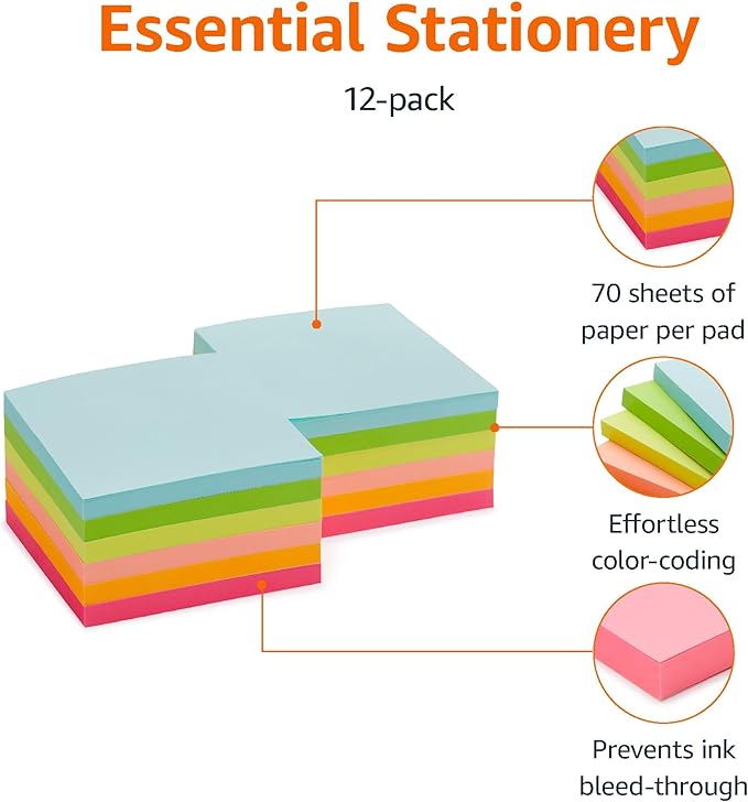 Amazon Basics Square Sticky Notes for Home, Office, School Supplies, Clean Removal, 3x3 Inches, Assorted Bright Colors, Self-Stick Pads, 70 Sheets/Pad, 12-Pack