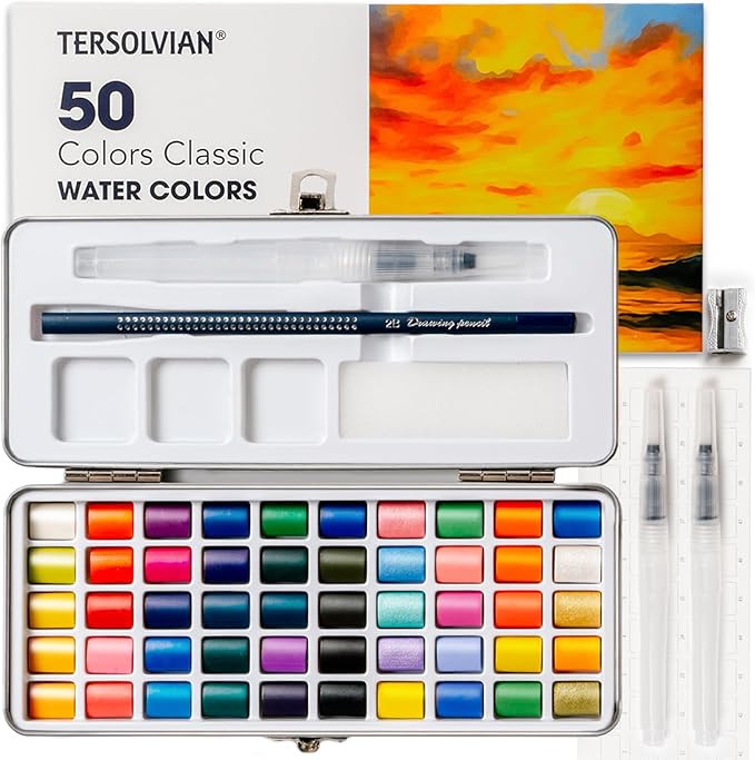 TERSOLVIAN 50 Colors Watercolor Paint Set - Portable Travel Art Kit, Includes Fine Detail Paint Brush, Premium Water Color Painting Supplies for Adults, Professionals, and Beginners Art Gift Idea