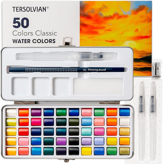 TERSOLVIAN 50 Colors Watercolor Paint Set - Portable Travel Art Kit, Includes Fine Detail Paint Brush, Premium Water Color Painting Supplies for Adults, Professionals, and Beginners Art Gift Idea