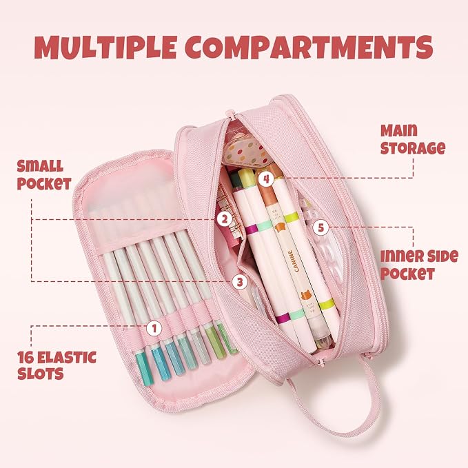 SUNEE Large Capacity Pencil Case with 3 Compartment, Extra Big Pencil Pouch, Pencil Bag with Clear Window, Pen Case School Supplies for Teens Adults Girls,Pink