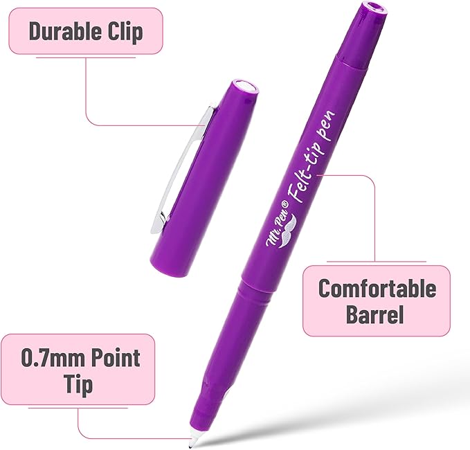 Mr. Pen- Felt Tip Pens, 24 Pack, 0.7 mm, Colorful Felt Tip Pens, Fast Dry, No Smear, Planner Markers for Underlining, Writing, Drawing, Journaling Supplies