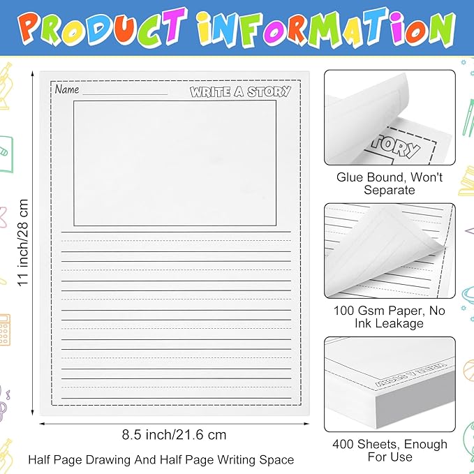 400 Sheets Writing Beginner Paper for Kids Create Story, 8.5"x11" Handwriting Paper Bulk with Picture Space and Lines DIY Craft Writing Kit for Kids Journal Activity, Back to School Gifts