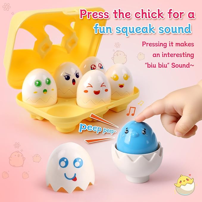 USATDD Easter Egg Toys Hide & Squeak Matching Eggs for Toddlers, Color Recognition Sensory Learning Toys, Fine Motor Skills Montessori Geometric Eggs Gifts for Kids Easter Basket Stuffers