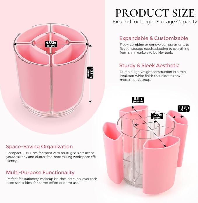KONVINIT Pink Pen Holder for Desk, 5 Slots 360° Rotating Pen Organizer, Cute Desk Organizers and Accessories for School, Home, Office and Art Supply