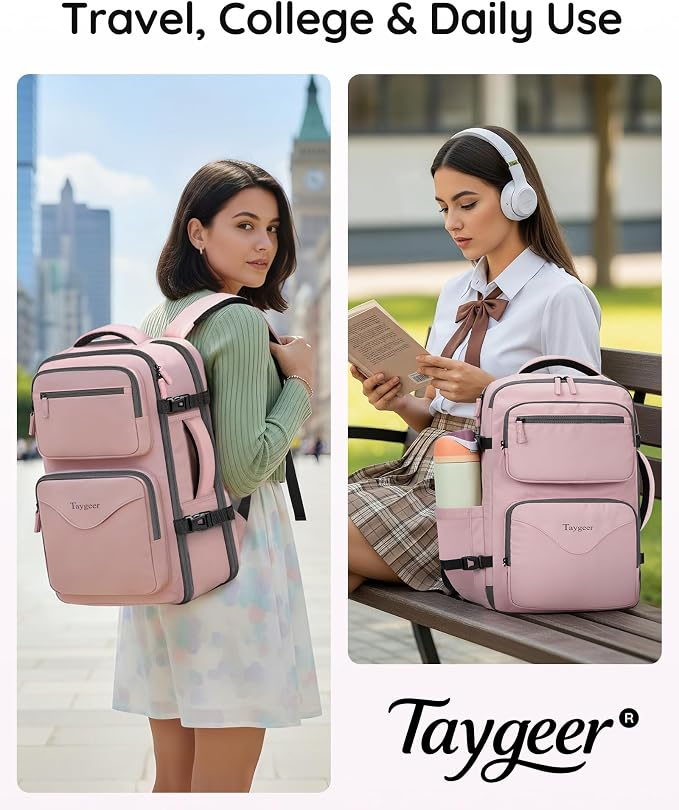 Taygeer Travel Backpack for Women, Travel Personal Item Bag with Shoe Pouch | TSA Approved Under Seat Carry on Backpack with Water Bottle Pocket Fits 15.6inch Laptop, Travel Essentials for Airplanes,Pink