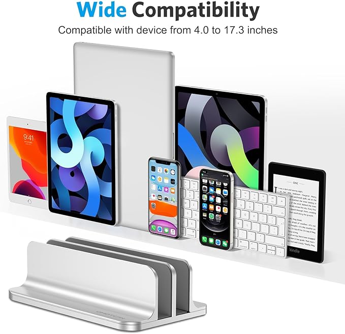 OMOTON Vertical Laptop Stand [Updated Double Version], Desktop Aluminum Mac Book Stand with Adjustable Dock Size, Fits All Mac Book, Surface, Chrome Book and Gaming Laptops (Up to 17.3 inch) (Silver)