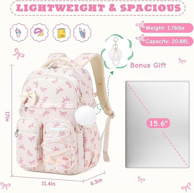 MOONBABY Kids Backpack for Girls, Fits 15.6 Inch Laptop Large Capacity School Bookbag, Girls Backpack with Lovely Pendant, Back to School Bag for Elementary Primary Students Teen Ages 6-12, Beige