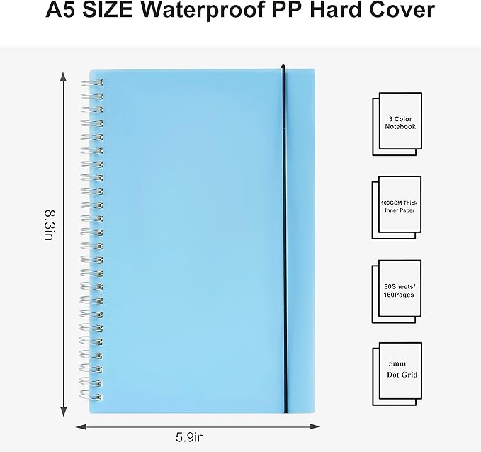 3 Pack Spiral Notebook, A5 Dotted Notebook 5.8" x 8.3", 100GSM 5x5mm Dot Grid, 80 Sheets/160 Pages, Dotted Spiral Notebooks Journals for Writing, Sketch Book
