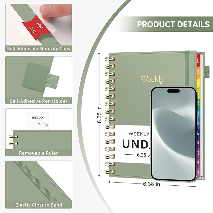 EMSHOI Undated Planner, Weekly and Monthly Calendar, 53 Weeks and 12 Months, A5 (6.38" x 8.35"), 100GSM Thick Paper, PVC Cover, Monthly Tabs, Note Pages, Start Anytime