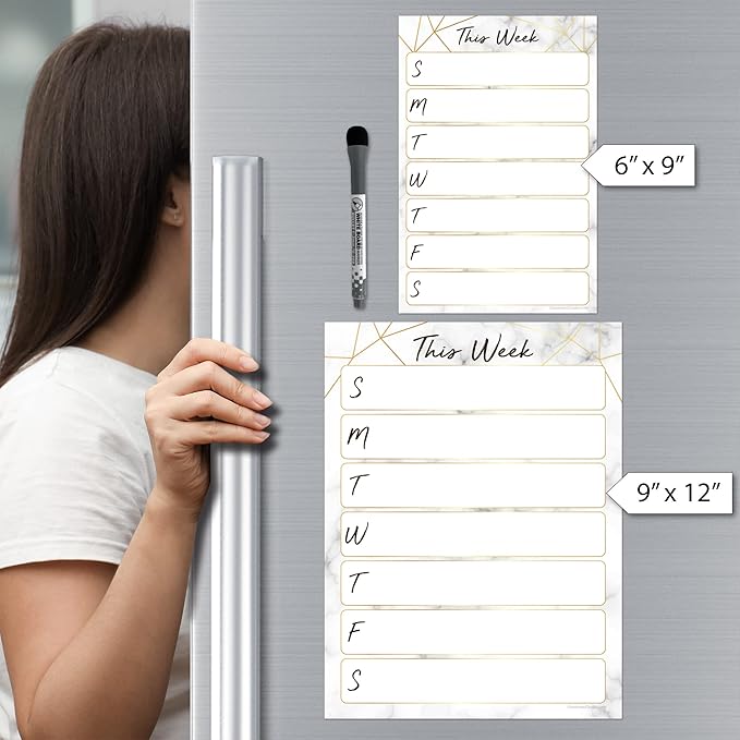 Dry Erase Weekly Calendar Planner Sticker Decal | Removable & Reusable | Magnetic Fine-Tip Marker Included (9 x 12 inches, Marble)