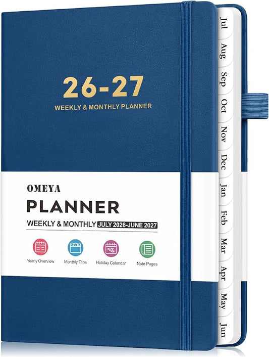 OMEYA Leather Academic Planner 2026-2027: A5 Navy Blue Business Weekly & Monthly Planner for Work, July 2026 – June 2027, 100gsm Thick Paper, Durable Stitched Binding, Tabs, Pen Loop, Pocket