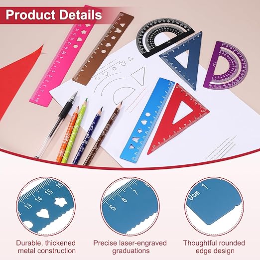 PATIKIL 4 Pcs Geometry Drafting Tool, Aluminum Alloy Geometry Kit Math Tool Includes 20cm L Ruler Protractor Triangles for Drafting Angle Measure Simple Science Experiment, Navy Blue