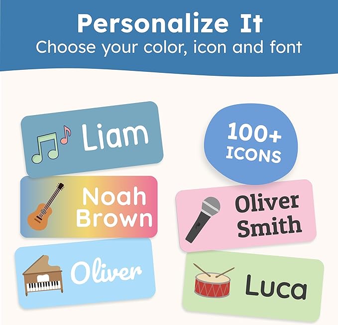 Personalized Name Labels for Kids (210 Labels) - Durable & Waterproof Custom Name Stickers for Clothing Tags, School Supplies, Camp & Daycare - Rhythm (1.2”x0.5”)
