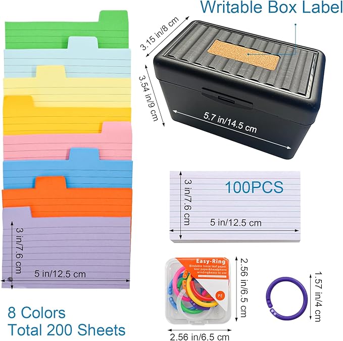 VANRA Index Card Holder 3x5 Flash Card Organizer Case 300 Colored Index Cards Bulk Blank Note Cards with Ring (Black)