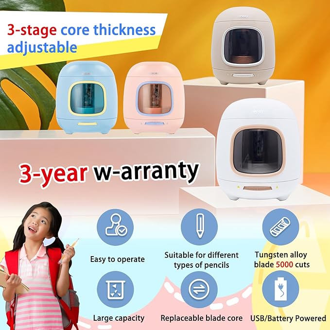 Electric Pencil Sharpener,5000 Times for Blade,Interchangeable Blade,3 Years Warranty,Battery/2A USB Powered,Suitable for 6-8mm, for Home, Office, School (Blue)