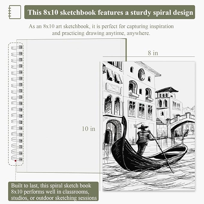 SuFly Spiral Bound Sketchbook 8x10, 100 Sheets Hardcover Sketch Books, 68lb/100gsm Sketch Paper, Sketch Pads for Drawing for Adults, Sketchbook for Art Class & School.