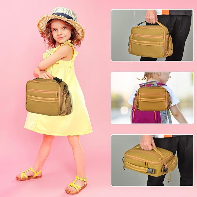 Cerbonny Kids Lunch Box, Brown, Unisex, Polyester, With Insulated Interior, Easy-Wipe Clean, 10.8"L x 4"W x 8.8"H, 4 Carrying Options