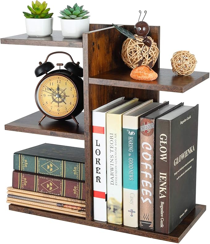 PAG Wood Desktop Shelf Small Bookshelf Desk Supplies Organizers and Accessories Storage Display Rack Office Decor for Women, Antique Brown