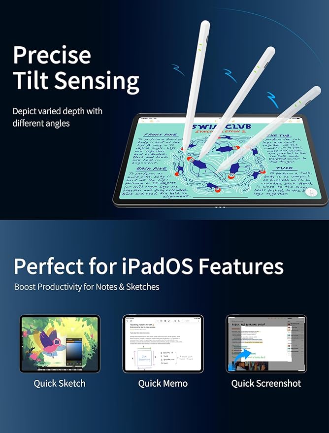 Pencil for Apple iPad A16/10/9/8/7/6th Gen, Pro 13/12.9/11" M5/M4, Air M3/M2/5/4/3, Mini 6/5 – Stylus Pen with Tilt Sensitivity & Palm Rejection (White)