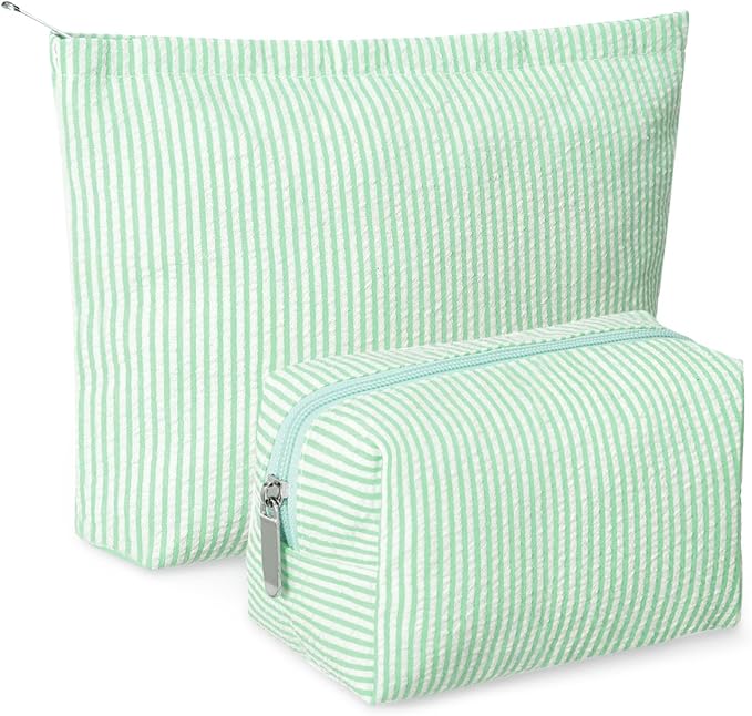 Huhumy 2 Pcs Makeup Bag Set for Women, Green, Thin Striped Seersucker | Cute Cosmetic Pouch Women Travel Toiletry Bag Preppy Small Makeup Purse Pouch Aesthetic Skincare Brushes Storage Organizer