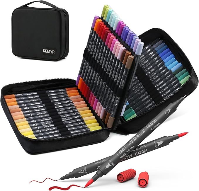 KEMYR Markers for Adult Coloring Books: 60 Color Dual Tip Fine & Brush Pens Water-Based Coloring Marker for Adults Drawing Sketching Bullet Journal Writing Lettering No bleeding