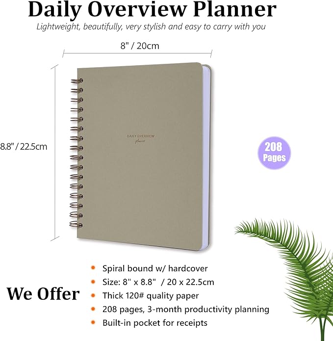 Daily Productivity Planner with Monthly View - Large 93 Day Dashboard Desk Notepad for Time Management, Mindfulness, Self Care, Goal Setting, To Do List-Hard Cover Wire-bound