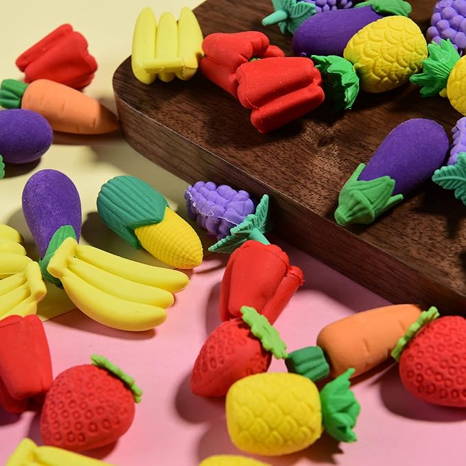 40 Pcs 3D Food Earsers, Cute Mini Fruit Vegetable Puzzle Erasers, Bulk Cool Fun Take Apart Erasers for Kids Boys Girls