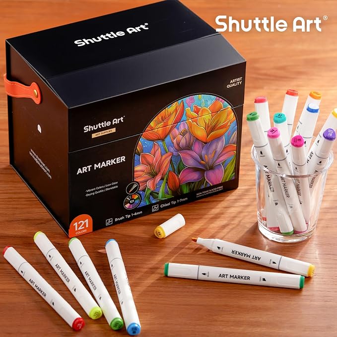Shuttle Art Brush Tip Alcohol Markers, Dual Tip Brush & Chisel Tip Art Marker Set, 121 Colors Marker Pens with Organized Case Perfect for Illustration Kids Students Adults Coloring Sketching