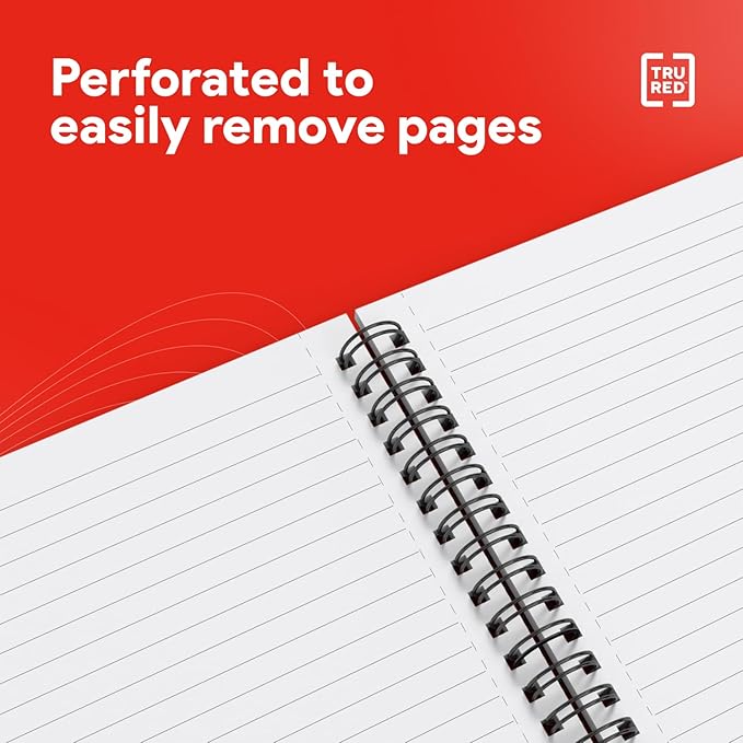TRU RED Medium Soft Cover Lined Notebook, Wirebound, Perforated, 80 Sheets, Interior Pocket