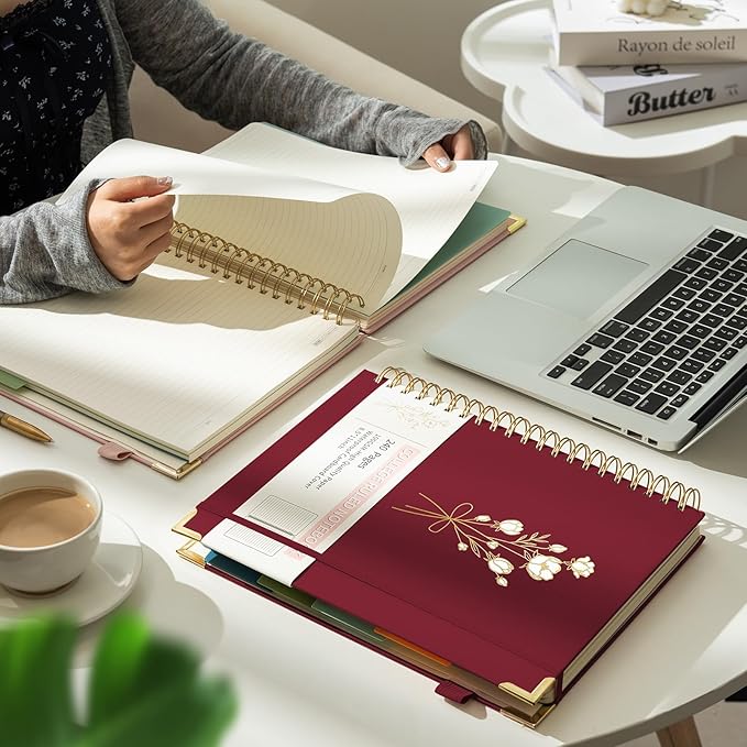 Hardcover Spiral Notebooks 8.5" X 11" Note Taking 5 Subject Notebook College Ruled with Dividers 240 Pages 100GSM Aesthetic Spiral Notebook for Work School Cute Journals for Women Writing, Red